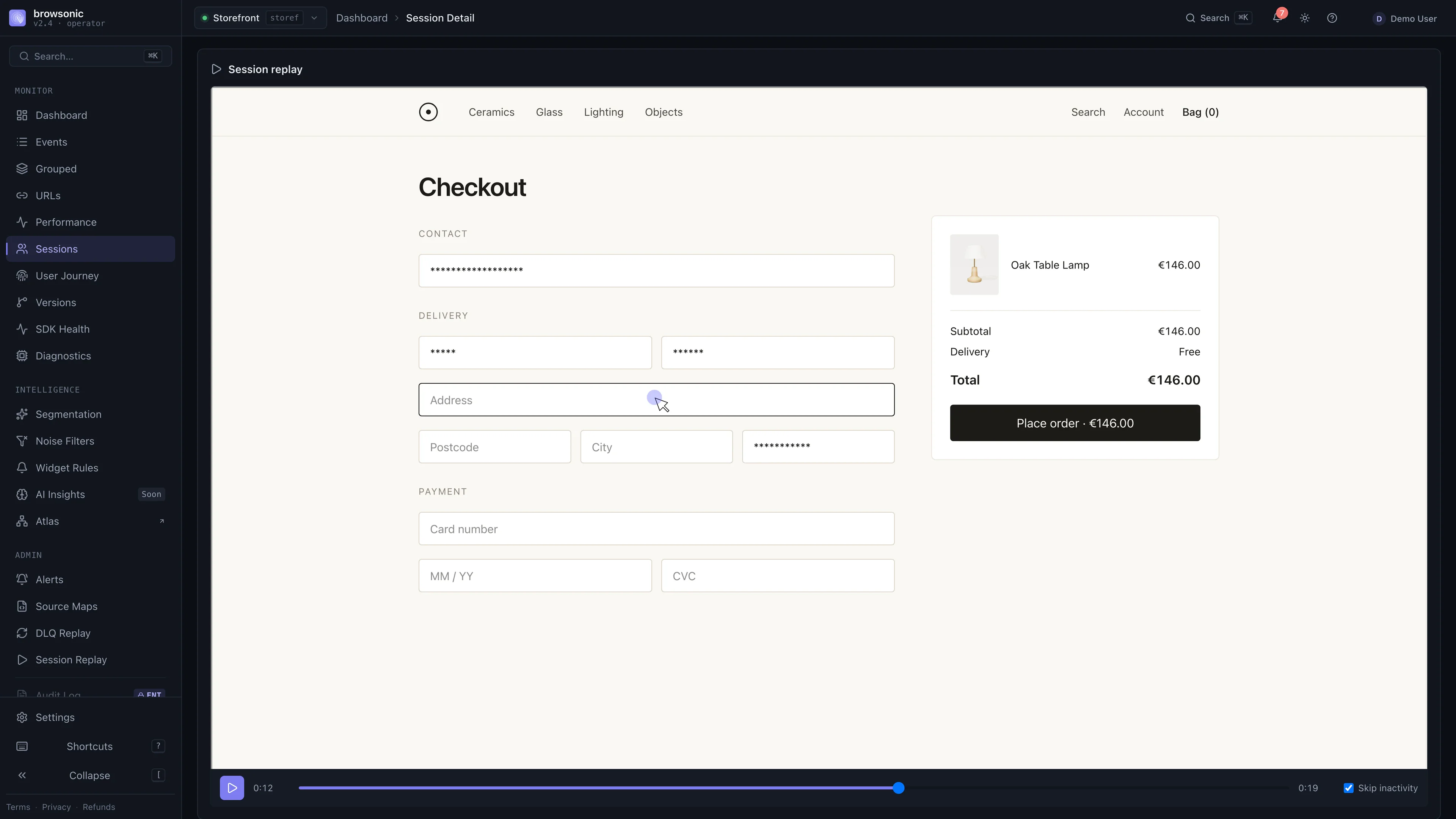The session replay behind that step: the shop's checkout page mid-way through the form, typed fields masked.