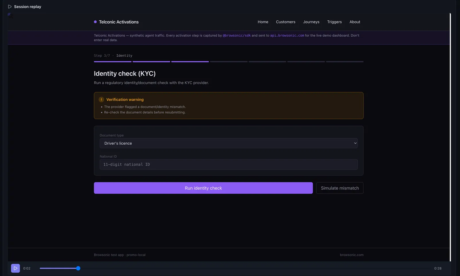 Session replay in the dashboard, paused at the identity-check step of the demo app, with the playback scrubber at 0:02 of 0:28.
