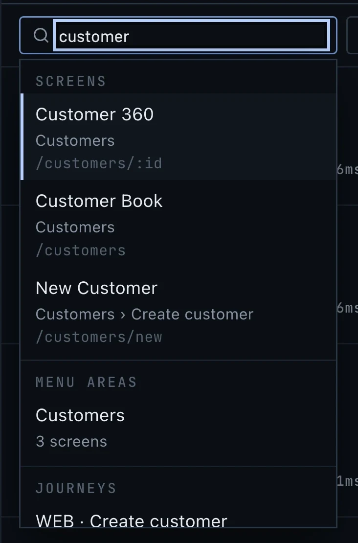 Search for “customer”: screens Customer 360, Customer Book and New Customer with their menu path, the Customers menu area, and the Create customer journey.